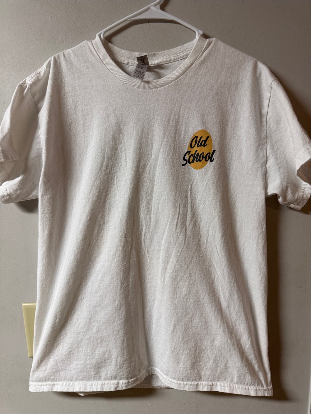 Gildan White Short Sleeve Tee with Yellow & Black 'Old School' Chest Graphic